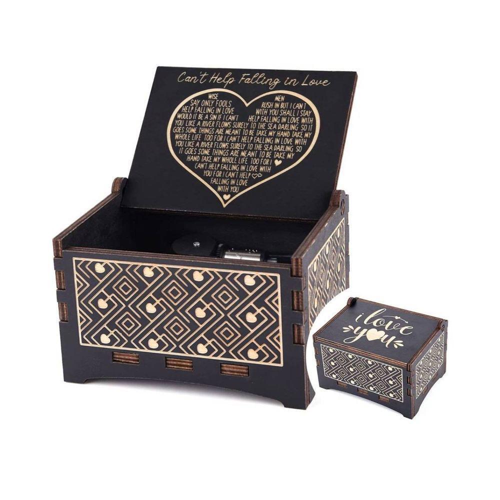 Small Wood Engraved Music Box Can't Help Falling in Love Black